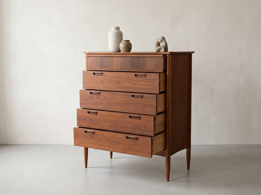 Deilcraft Walnut 4-Drawer Highboy with Sculpted Pulls