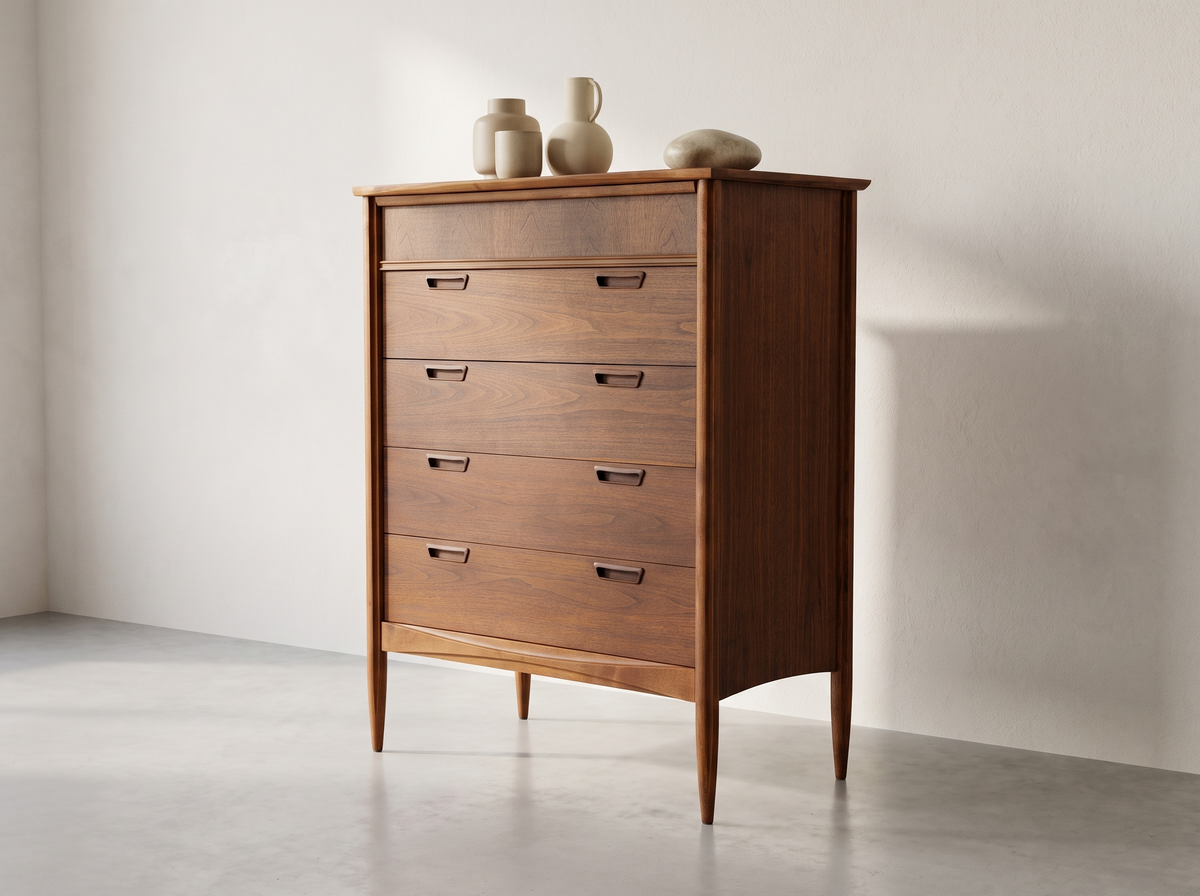 Deilcraft Walnut 4-Drawer Highboy with Sculpted Pulls