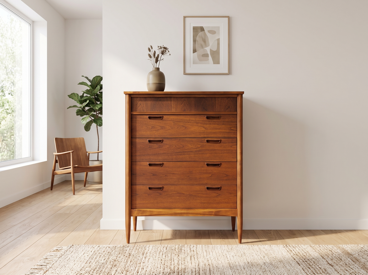 Deilcraft Walnut 4-Drawer Highboy with Sculpted Pulls