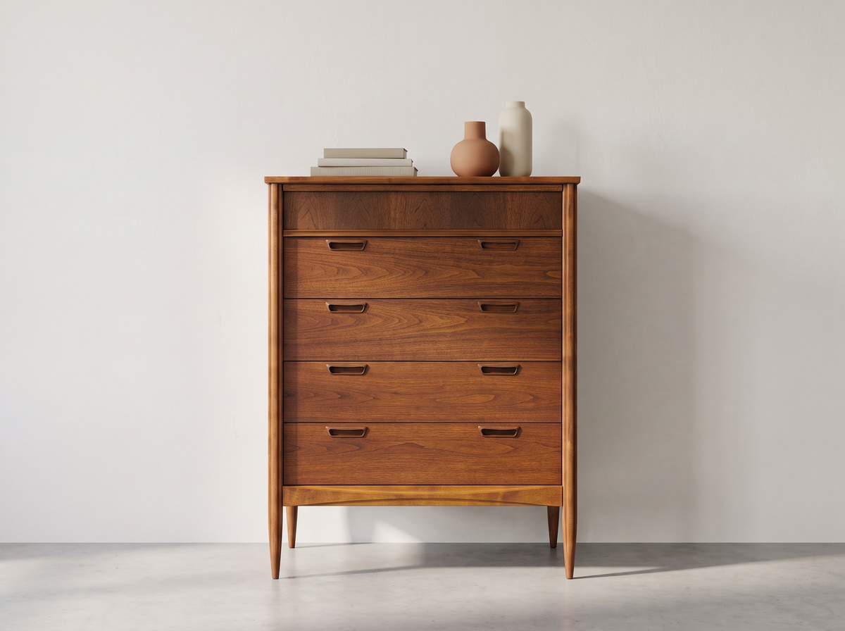 Deilcraft Walnut 4-Drawer Highboy with Sculpted Pulls