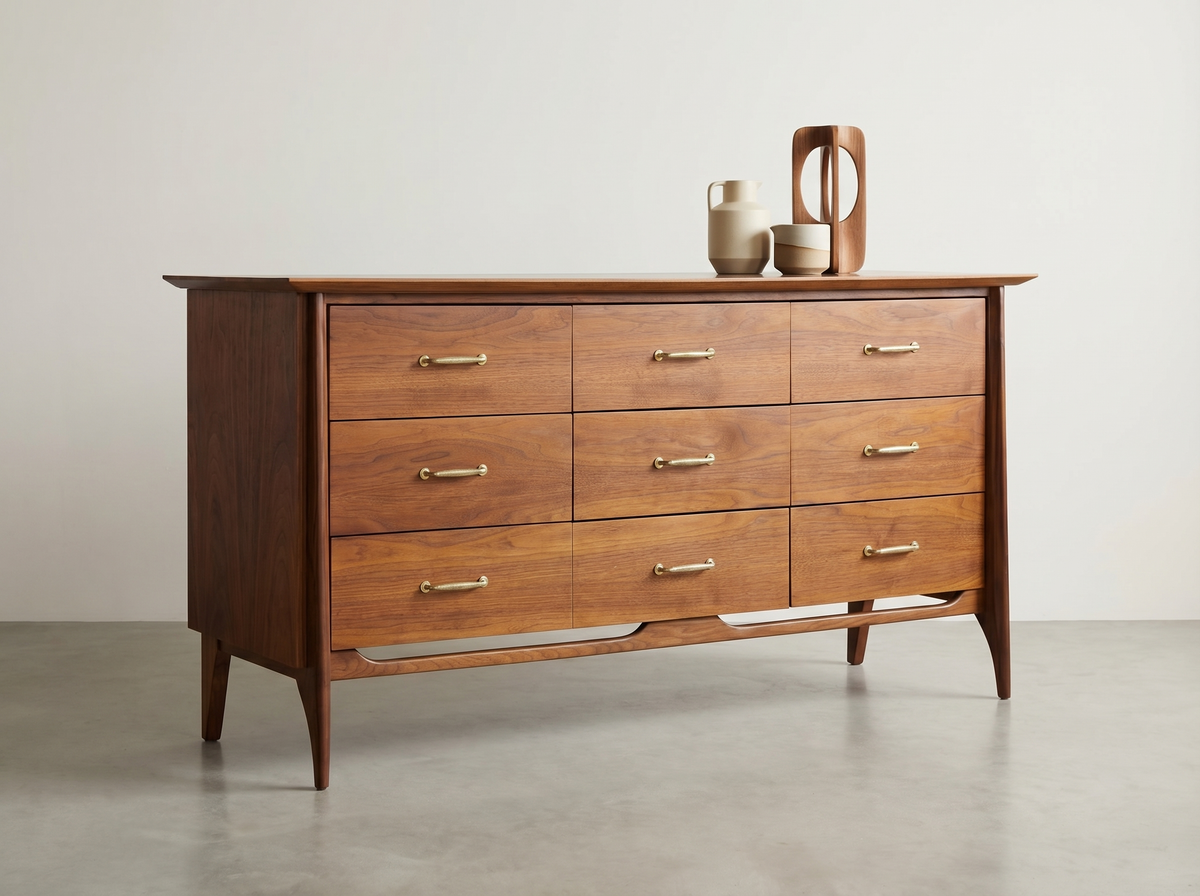 Walnut 9-Drawer Dresser with Brass Pulls