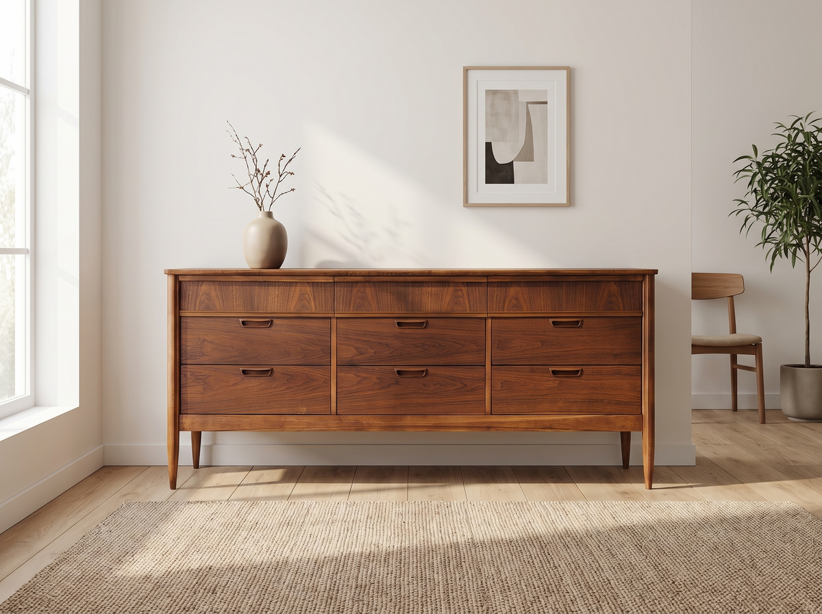 Deilcraft Walnut 9-Drawer Dresser with Sculpted Recessed Pulls