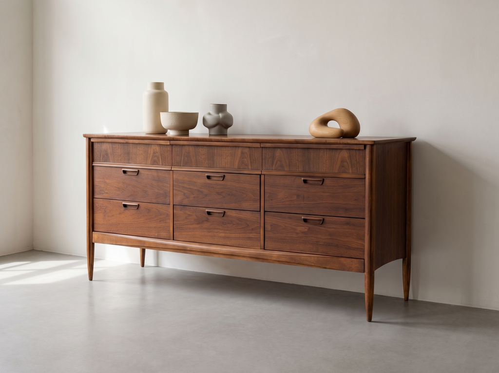 Deilcraft Walnut 9-Drawer Dresser with Sculpted Recessed Pulls