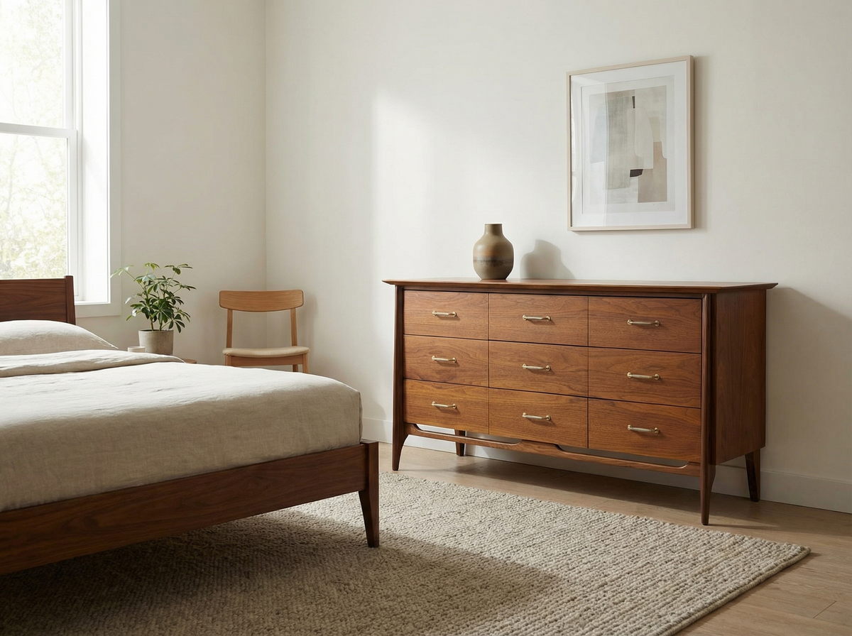 Walnut 9-Drawer Dresser with Brass Pulls
