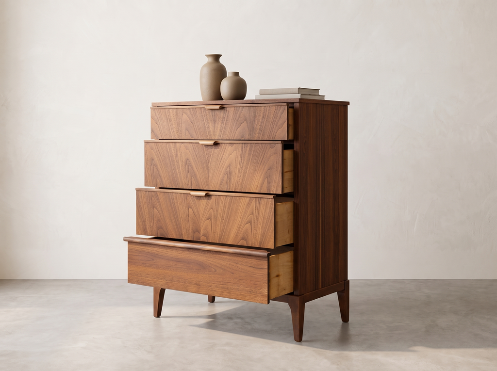 Kaufman Walnut 4-Drawer Tallboy with Sculpted Pulls