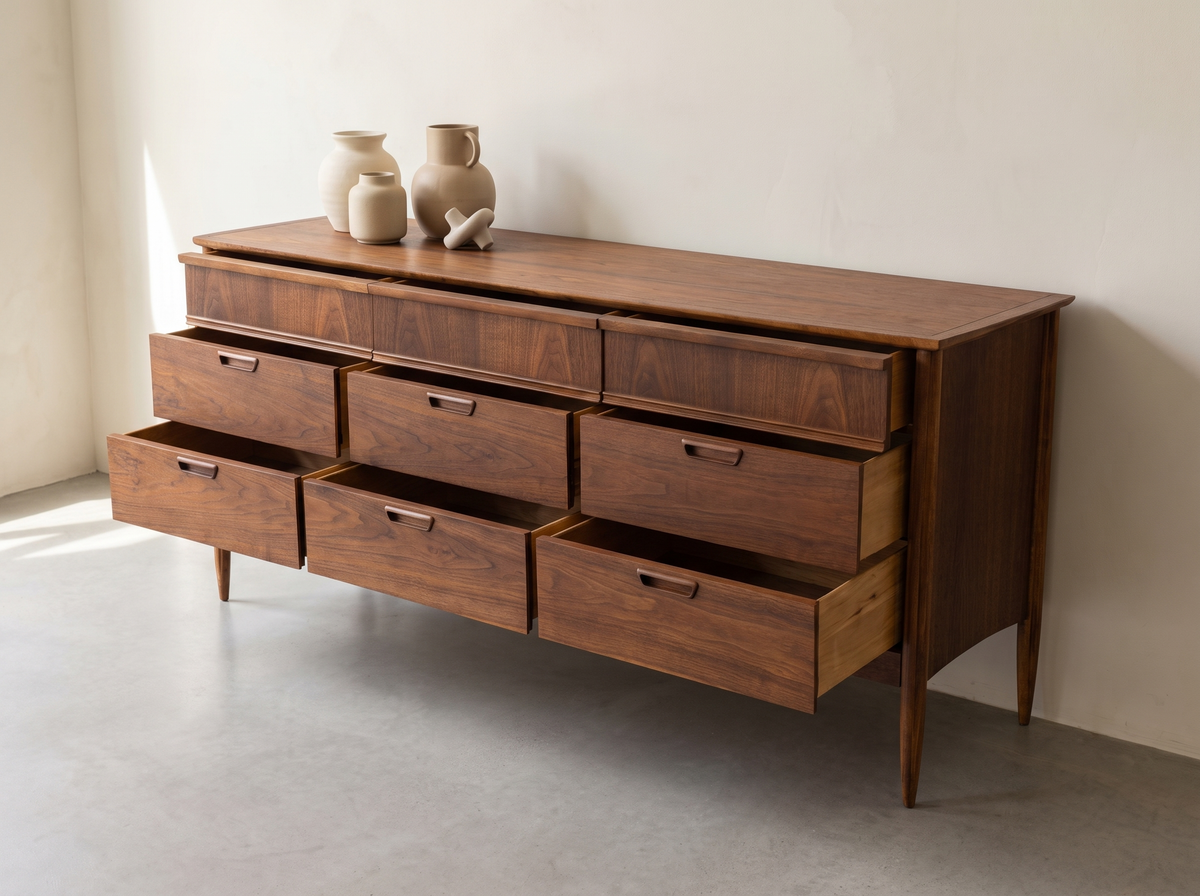 Deilcraft Walnut 9-Drawer Dresser with Sculpted Recessed Pulls