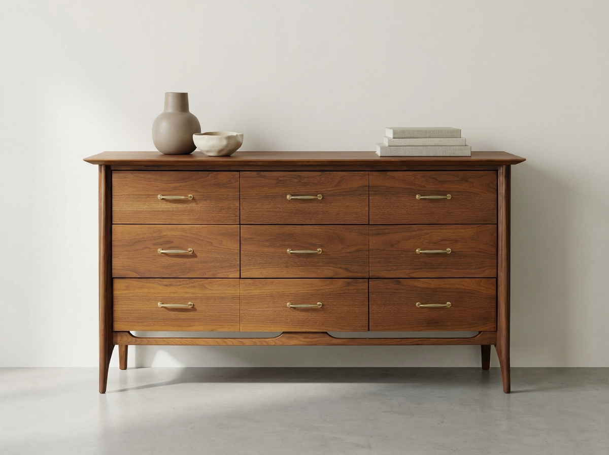 Walnut 9-Drawer Dresser with Brass Pulls