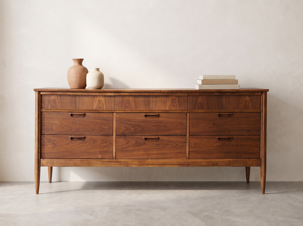 Deilcraft Walnut 9-Drawer Dresser with Sculpted Recessed Pulls