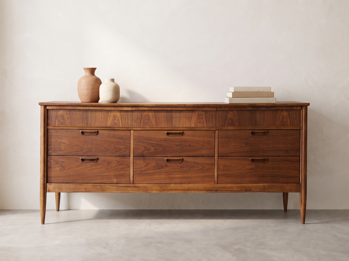 Deilcraft Walnut 9-Drawer Dresser with Sculpted Recessed Pulls