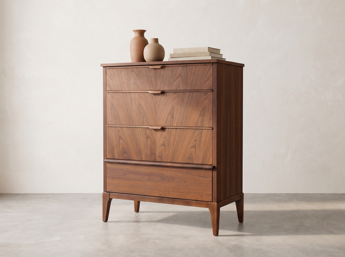 Kaufman Walnut 4-Drawer Tallboy with Sculpted Pulls