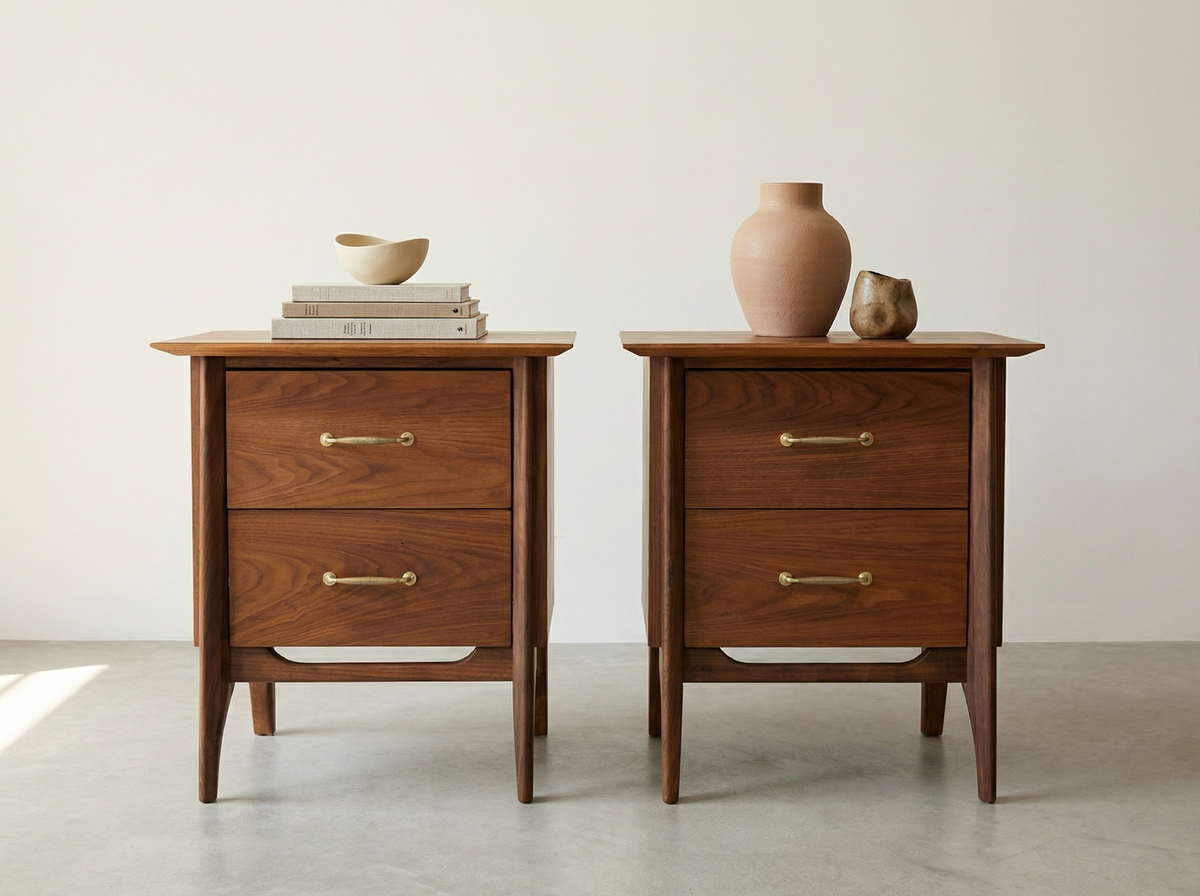 Pair of Walnut 2-Drawer Nightstands with Brass Pulls