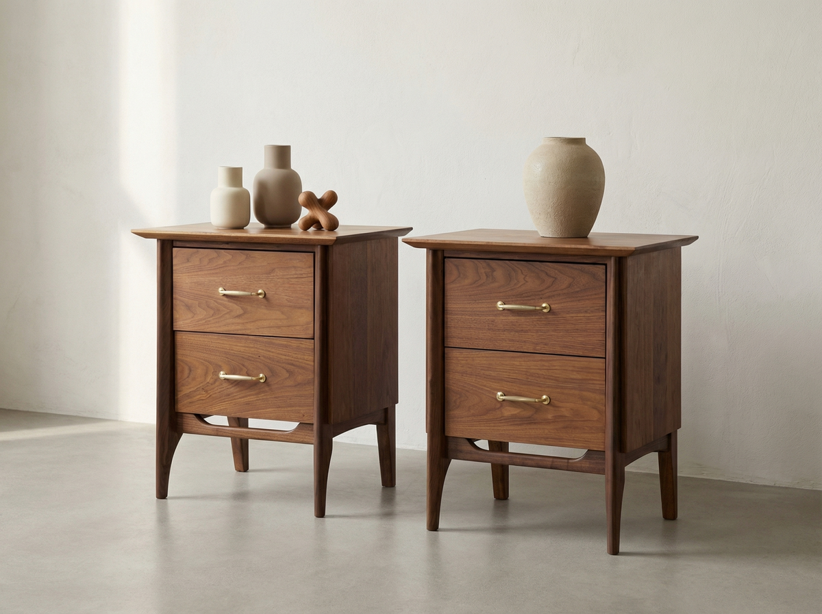 Pair of Walnut 2-Drawer Nightstands with Brass Pulls