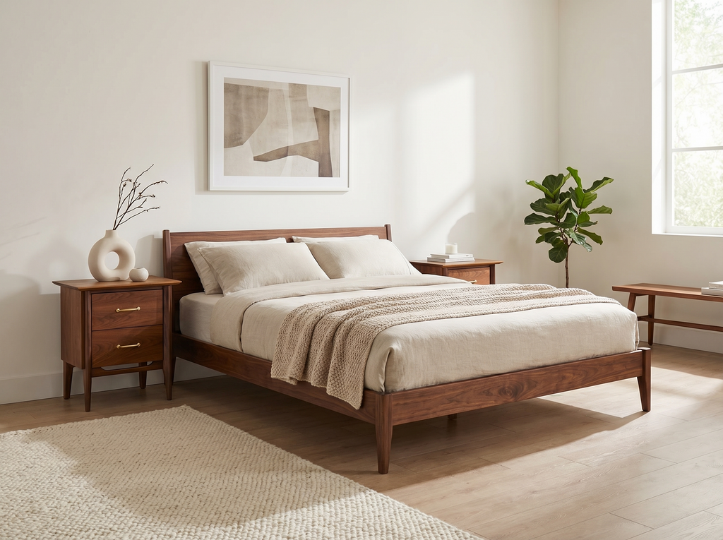 Pair of Walnut 2-Drawer Nightstands with Brass Pulls