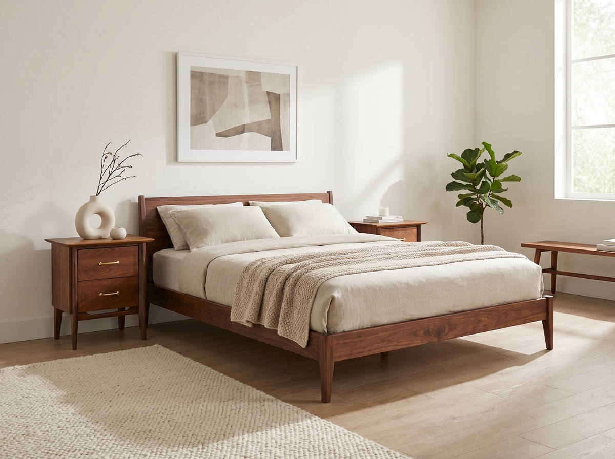 Pair of Walnut 2-Drawer Nightstands with Brass Pulls