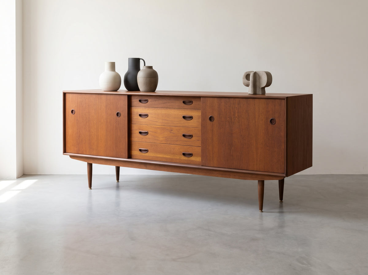 R. Huber & Co. Teak Credenza with Sliding Doors & Central Drawers