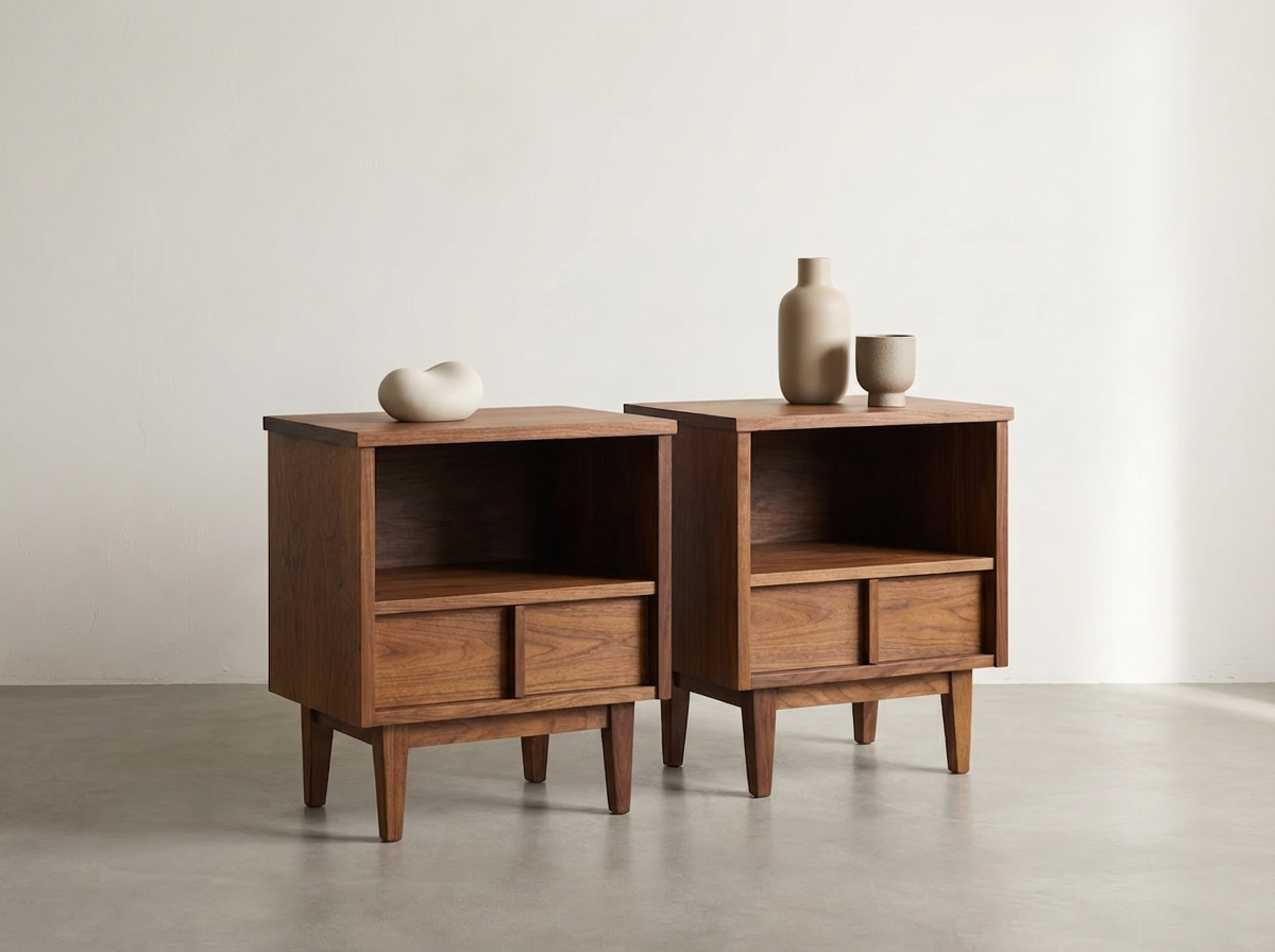 Pair of Walnut Nightstands with Open Storage