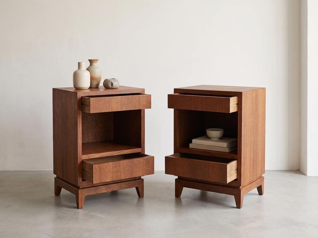 Pair of Teak Nightstands with Open Storage