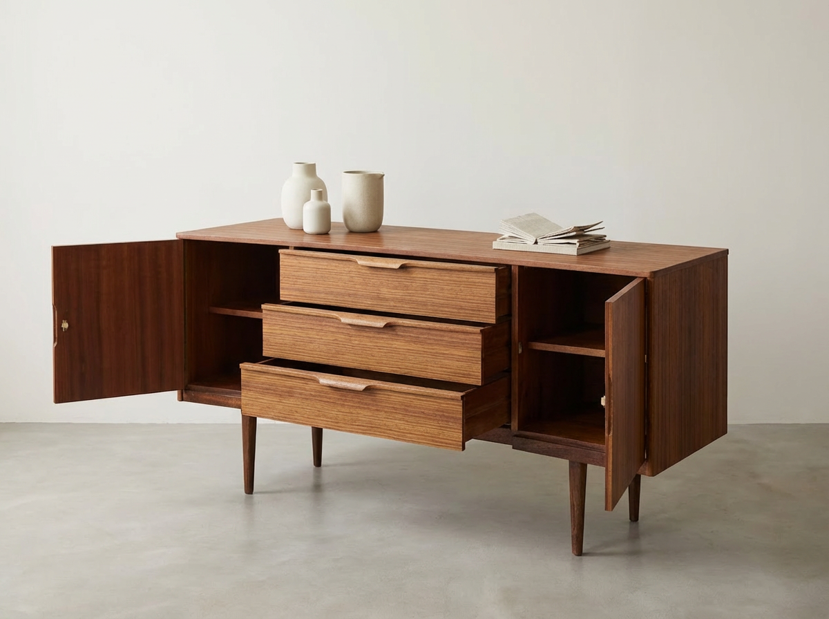 Teak Sideboard with Center Drawers & Cabinet Storage