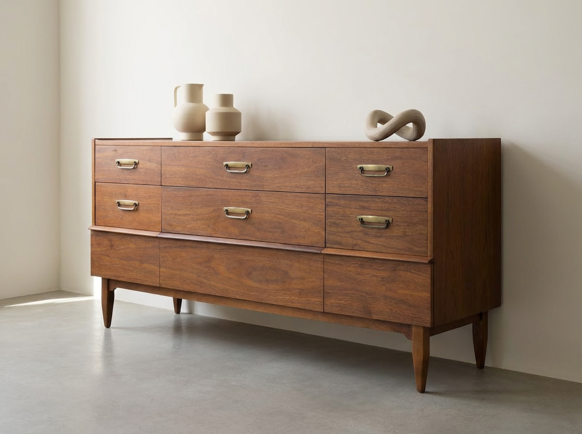 Walnut 9-Drawer Dresser with Brass Campaign Pulls