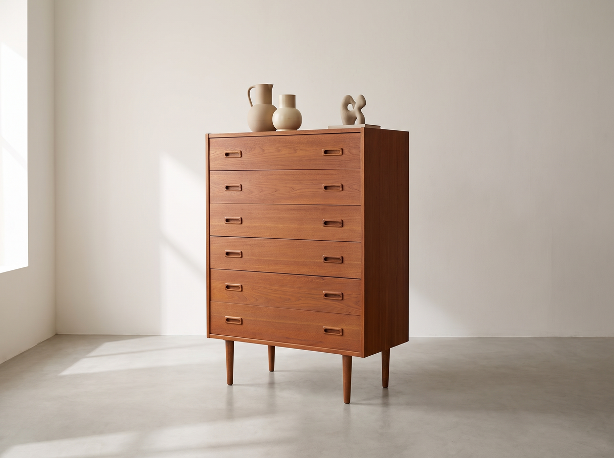 Teak 6-Drawer Tall Dresser with Recessed Pulls