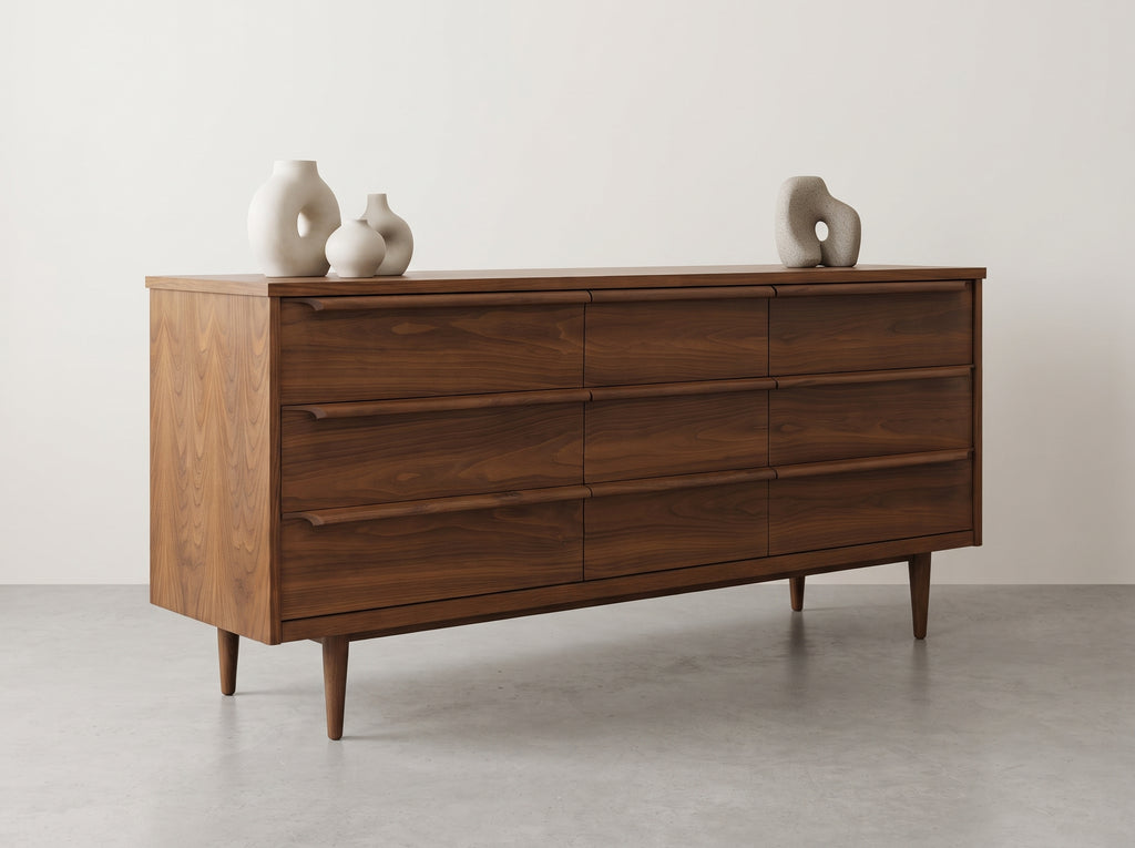 Walnut 9-Drawer Dresser with Sculpted Rail Pulls