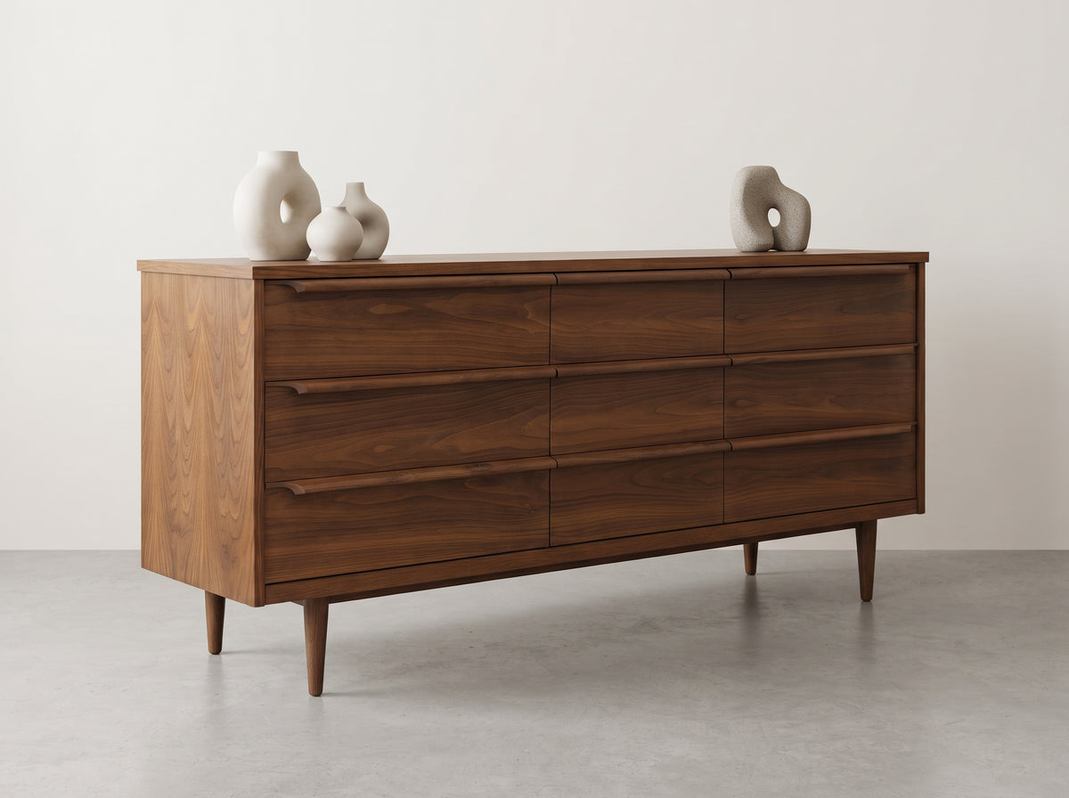 Walnut 9-Drawer Dresser with Sculpted Rail Pulls