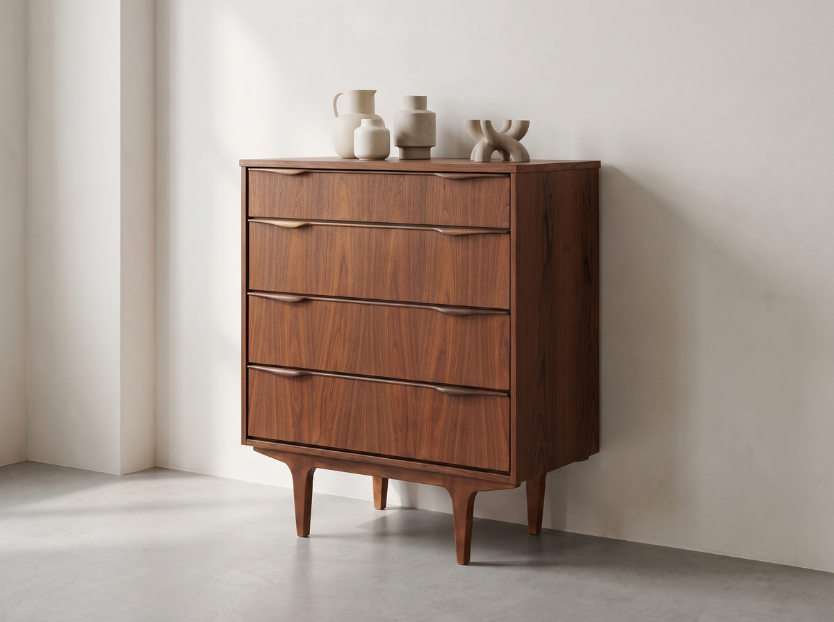 Viscol Walnut 4-Drawer Tallboy with Sculpted Pulls
