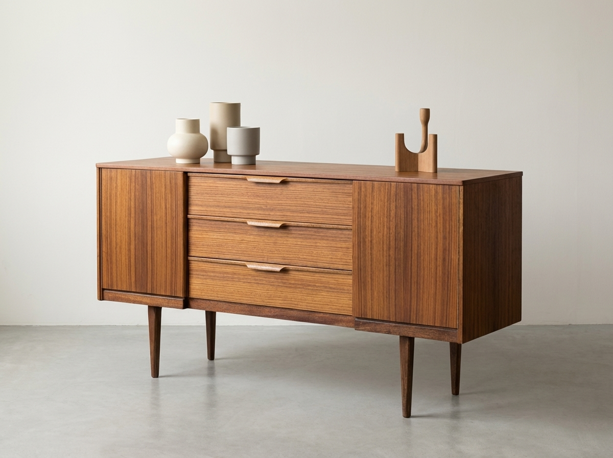 Teak Sideboard with Center Drawers & Cabinet Storage