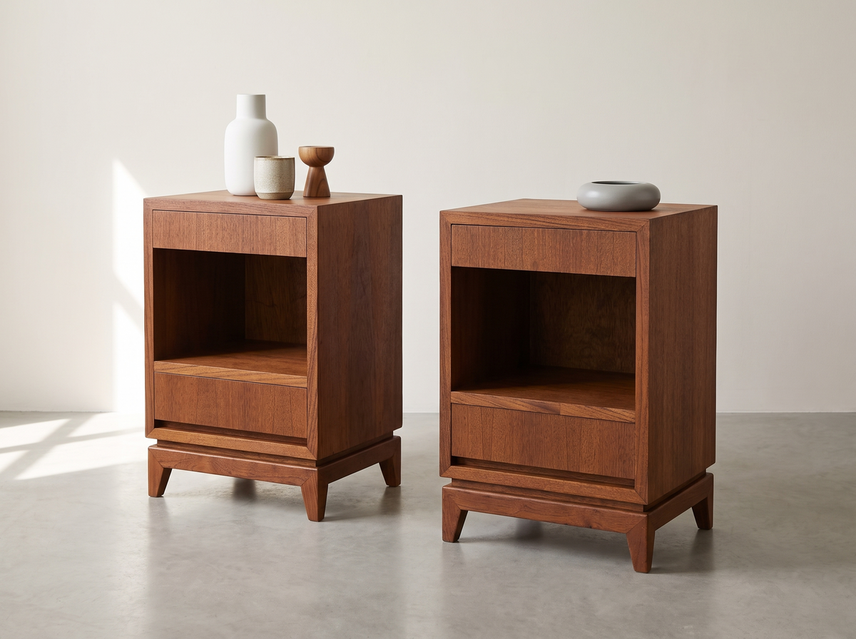 Pair of Teak Nightstands with Open Storage