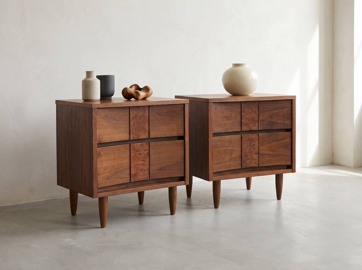Pair of Walnut Nightstands with Burl Accents