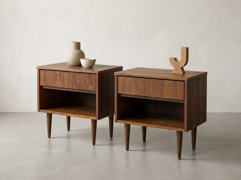 Pair of Walnut Nightstands with Open Storage