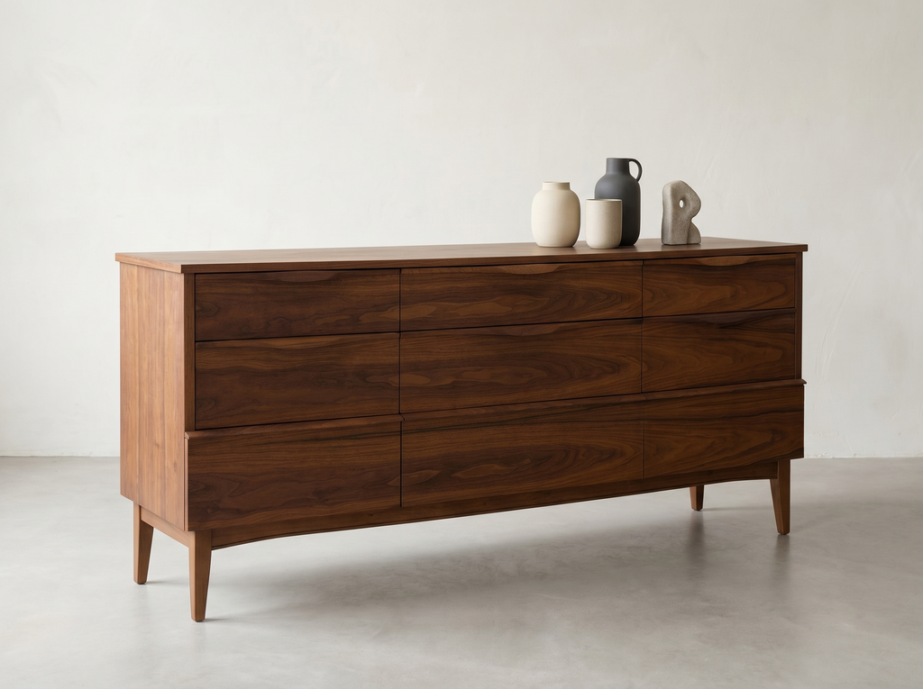 Walnut 9-Drawer Dresser with Integrated Sculpted Pulls