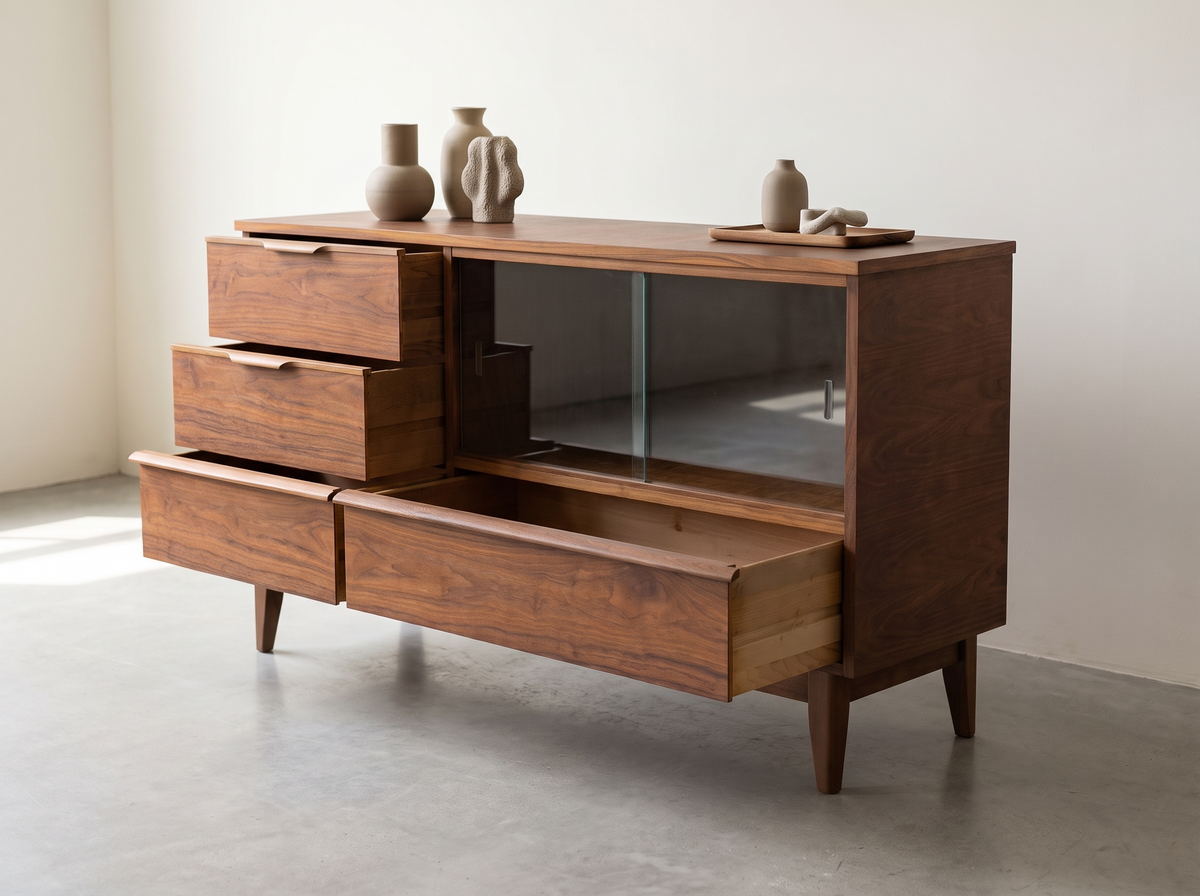 Walnut TV Console Sideboard with Sliding Glass Cabinet
