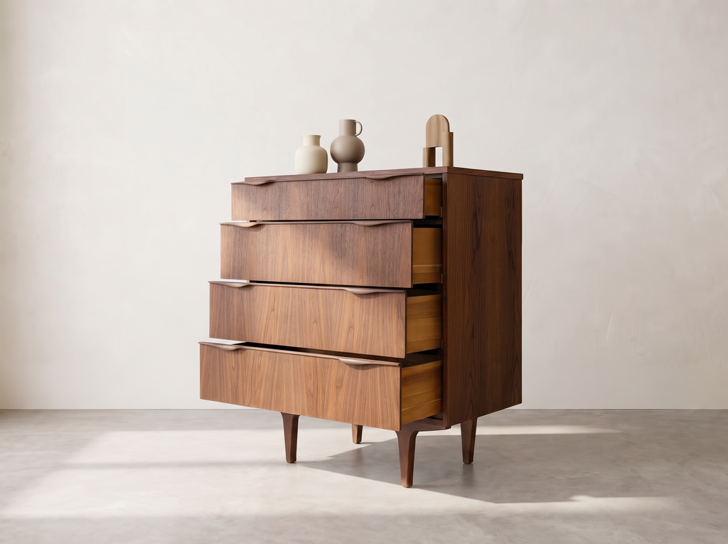 Viscol Walnut 4-Drawer Tallboy with Sculpted Pulls