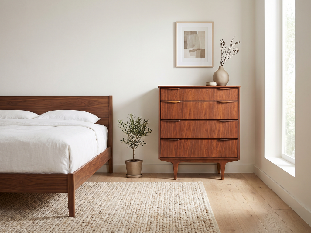 Viscol Walnut 4-Drawer Tallboy with Sculpted Pulls