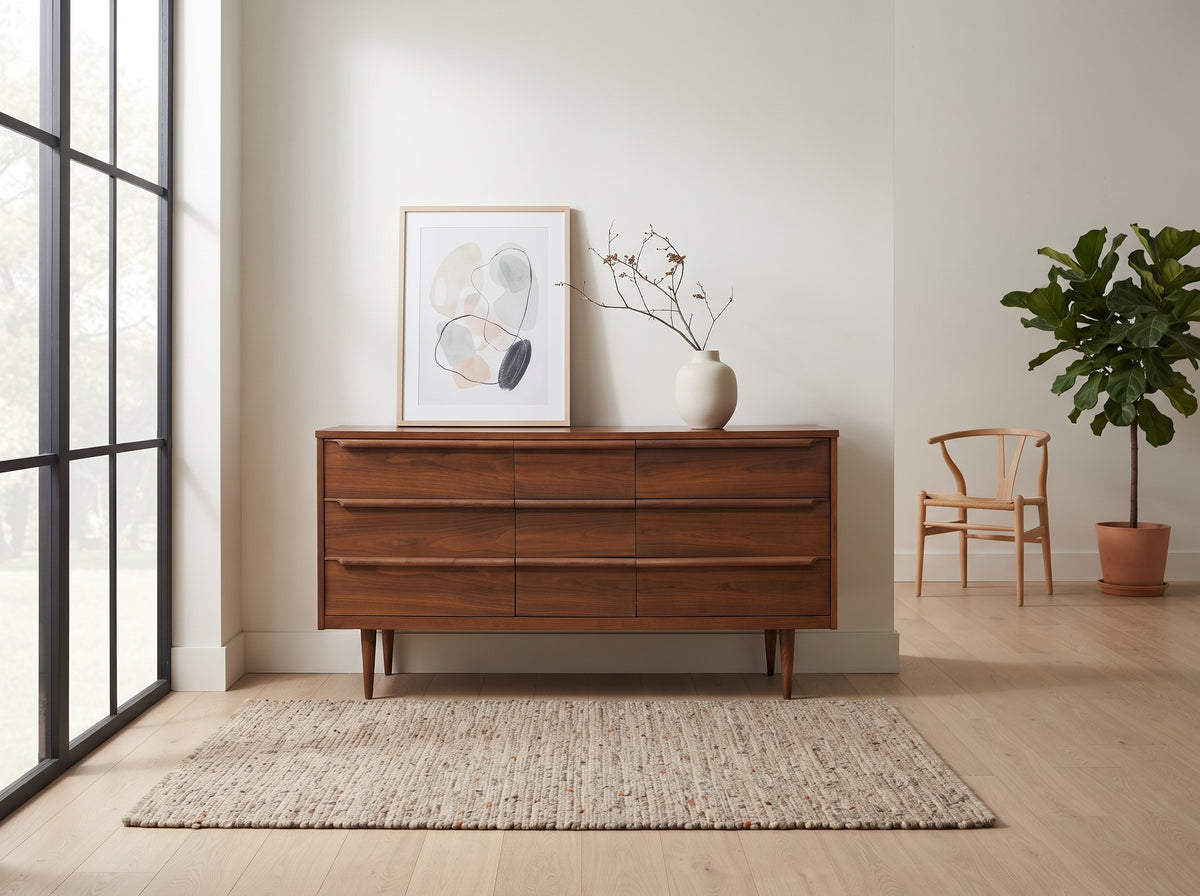 Walnut 9-Drawer Dresser with Sculpted Rail Pulls