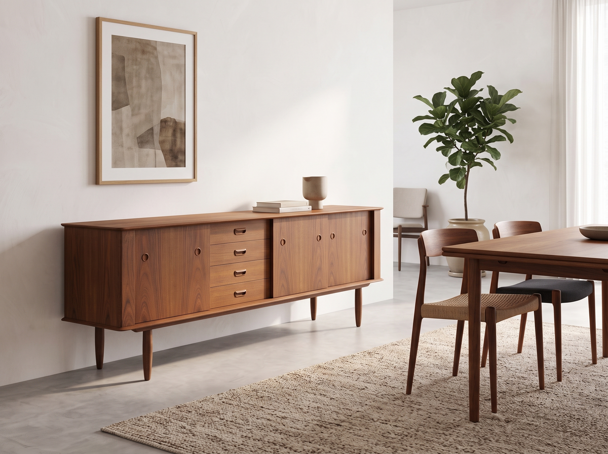 R. Huber Teak Credenza with Four Drawers and Sculpted Circular Pulls