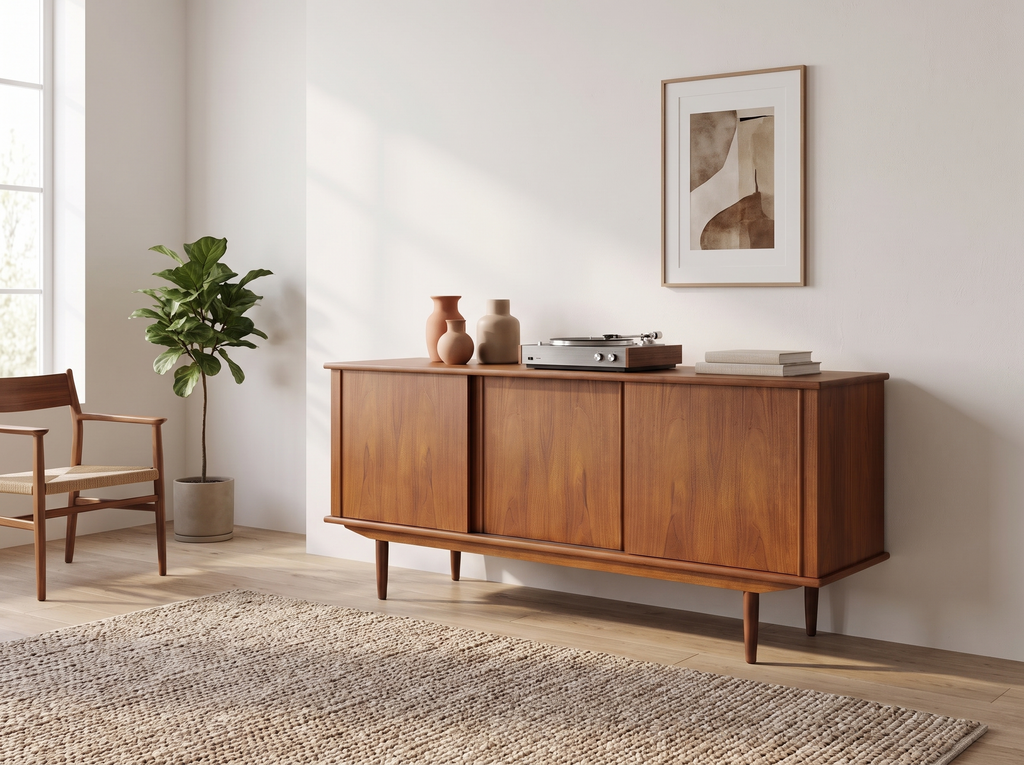 Teak Credenza with Sliding Doors and Pull-Out Tray