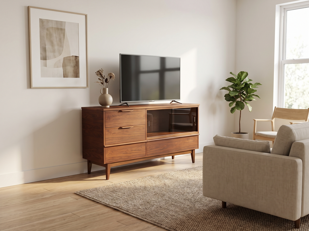 Walnut TV Console Sideboard with Sliding Glass Cabinet