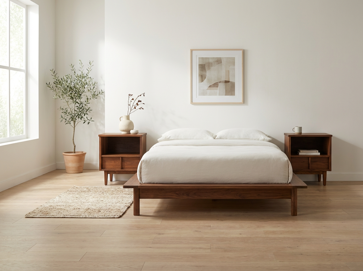 Pair of Walnut Nightstands with Open Storage