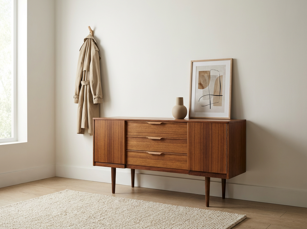 Teak Sideboard with Center Drawers & Cabinet Storage