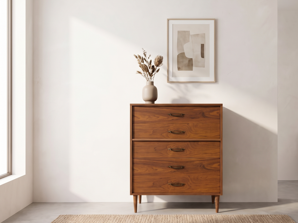 Walnut 5-Drawer Tall Dresser with Sculpted Brass Pulls