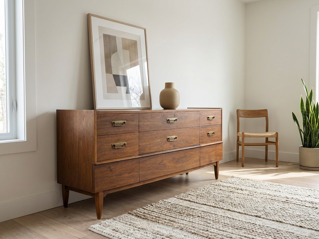 Walnut 9-Drawer Dresser with Brass Campaign Pulls