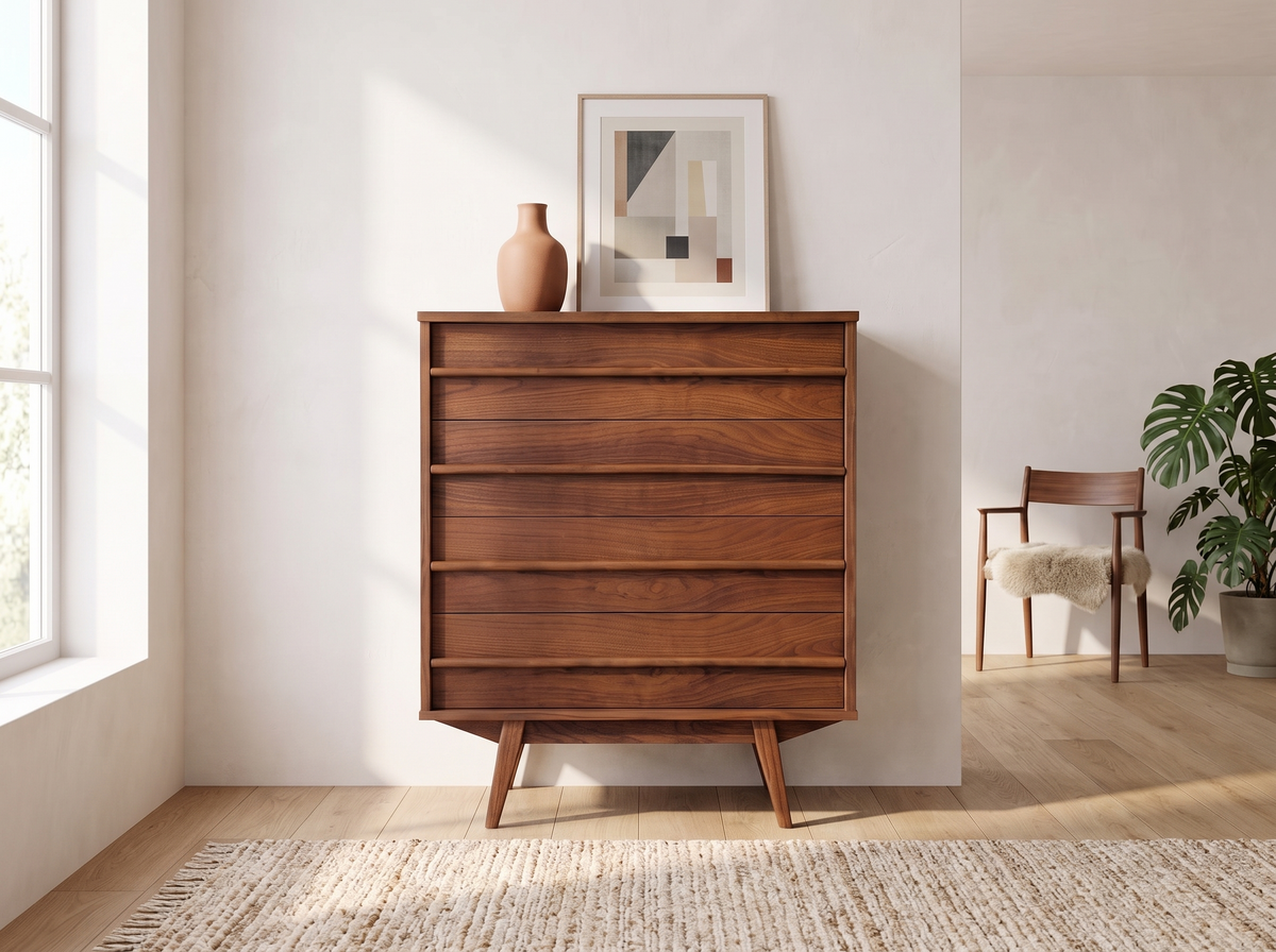 Walnut 5-Drawer Tall Dresser with Sculpted Linear Pulls