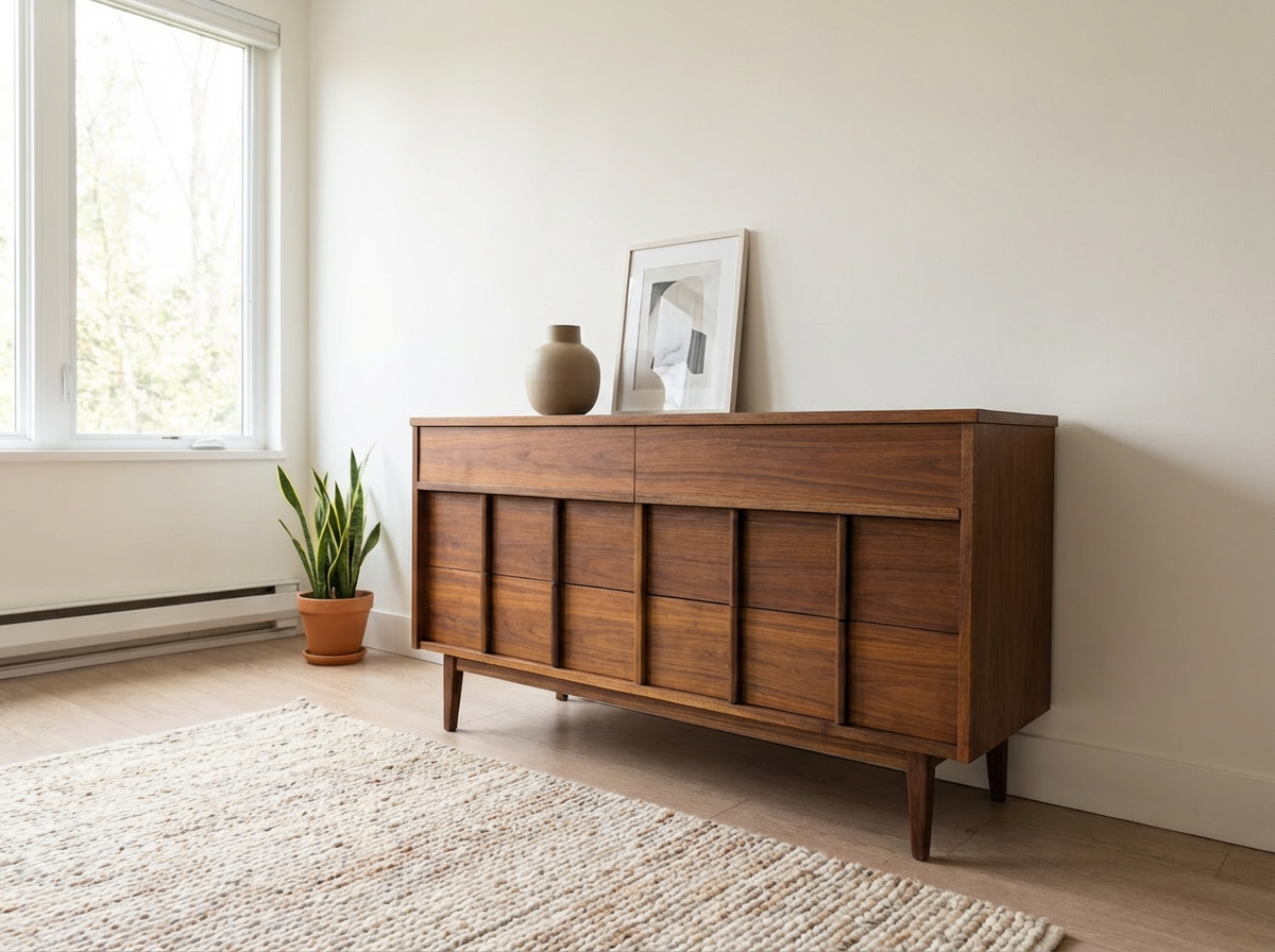 Walnut 6-Drawer Dresser with Geometric Front