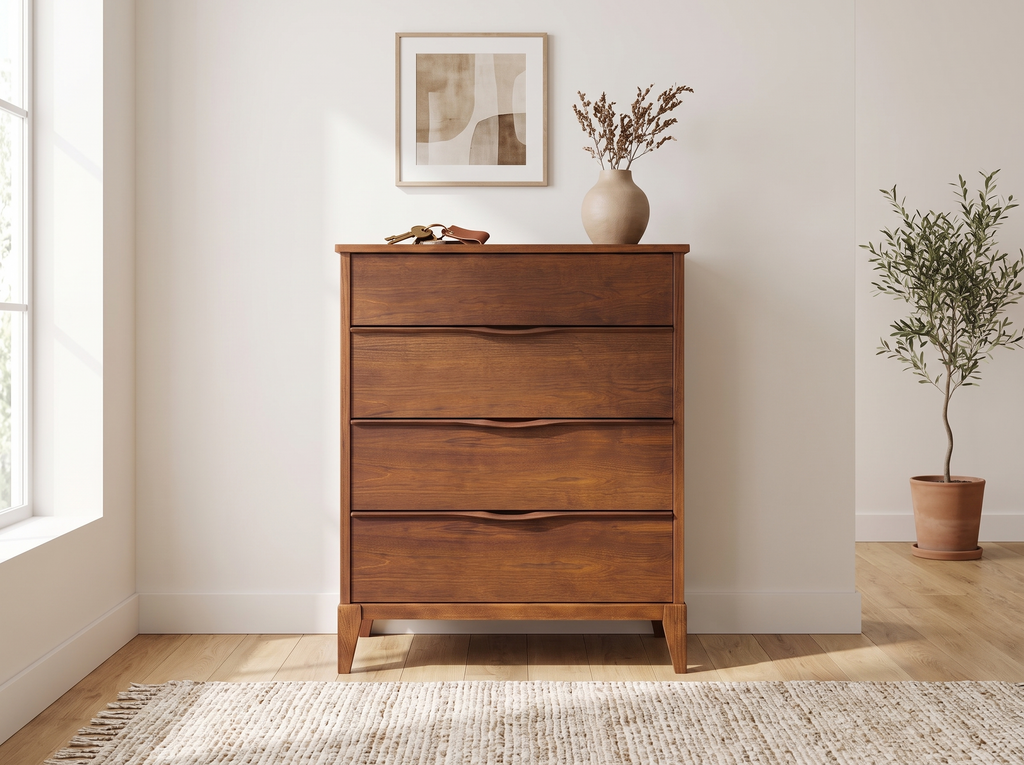 Walnut 4-Drawer Tall Dresser with Sculpted Finger Pulls