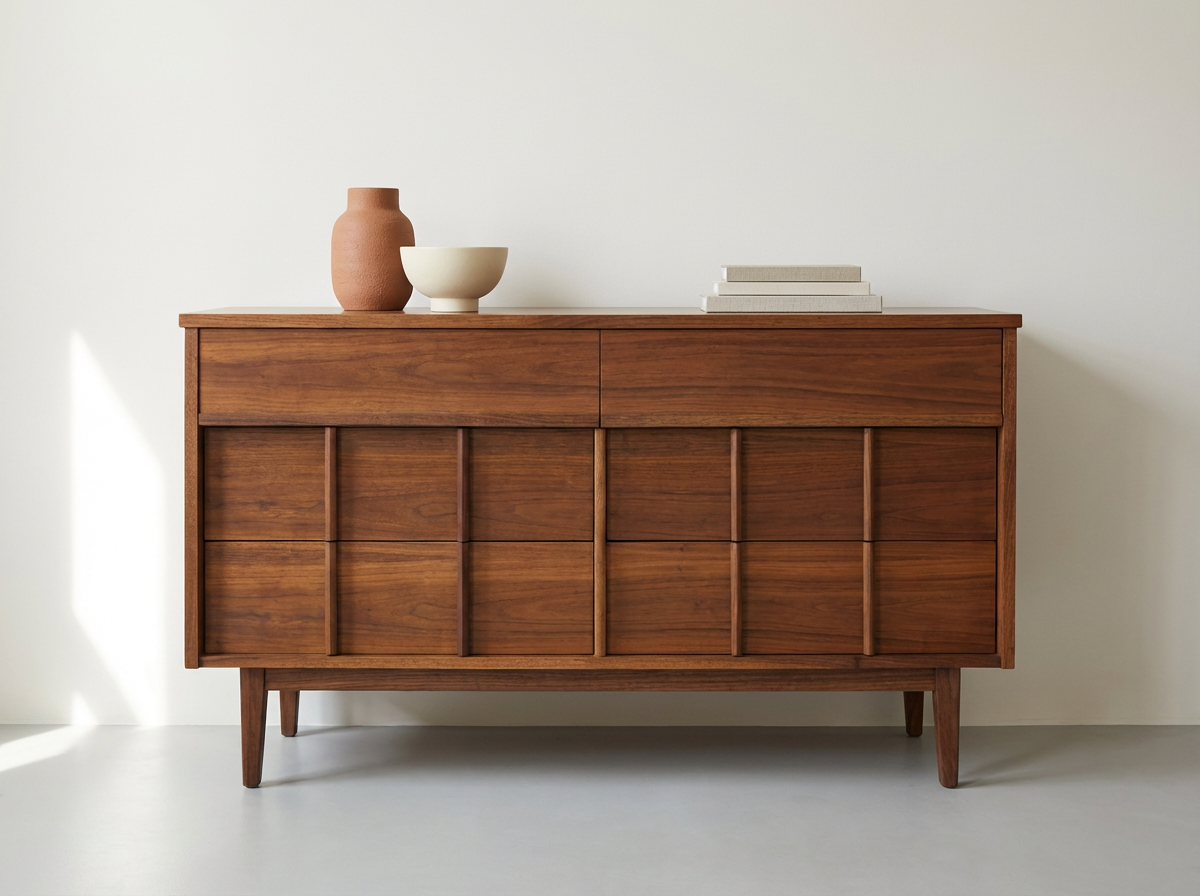 Walnut 6-Drawer Dresser with Geometric Front