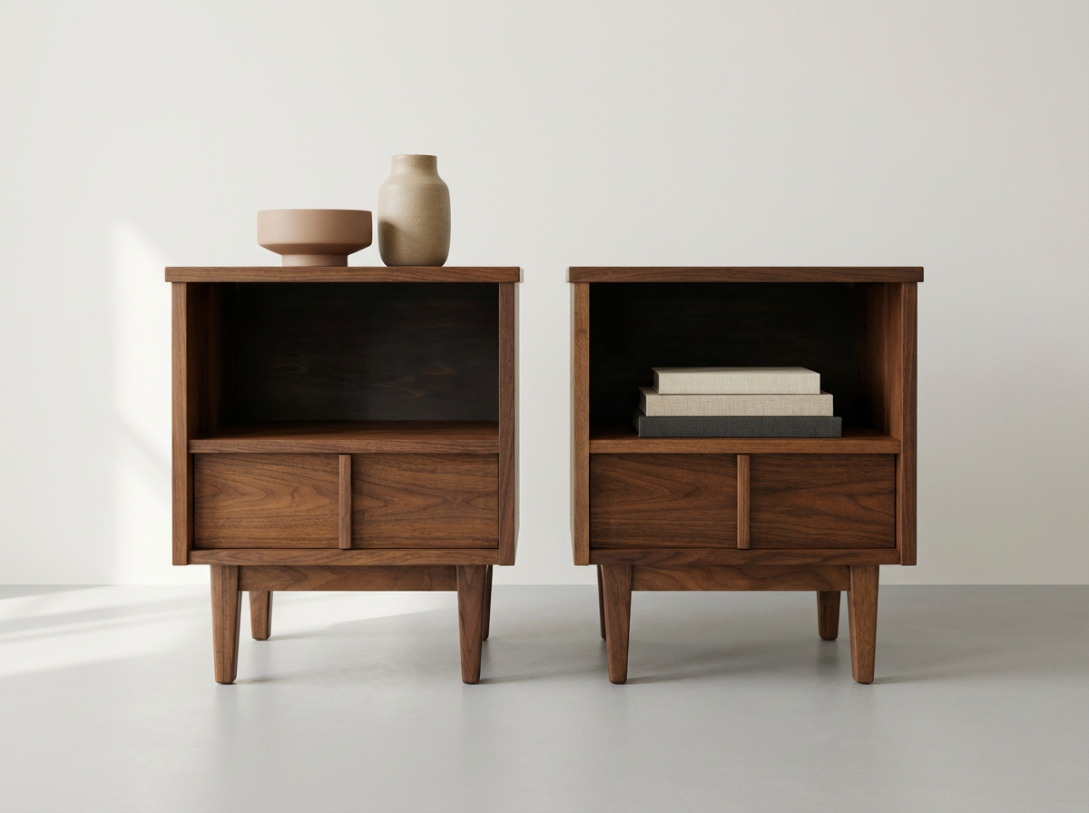Pair of Walnut Nightstands with Open Storage