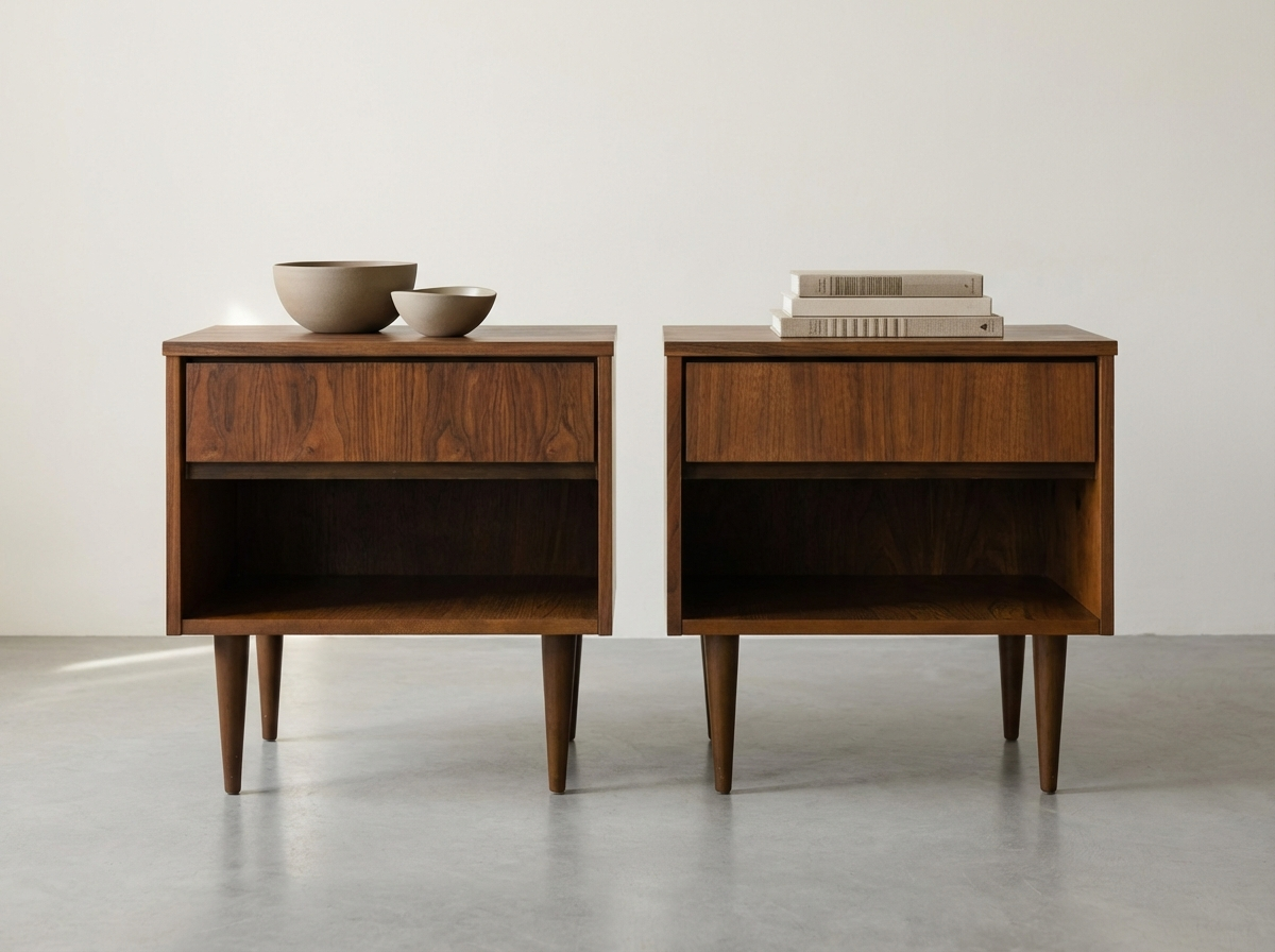 Pair of Walnut Nightstands with Open Storage