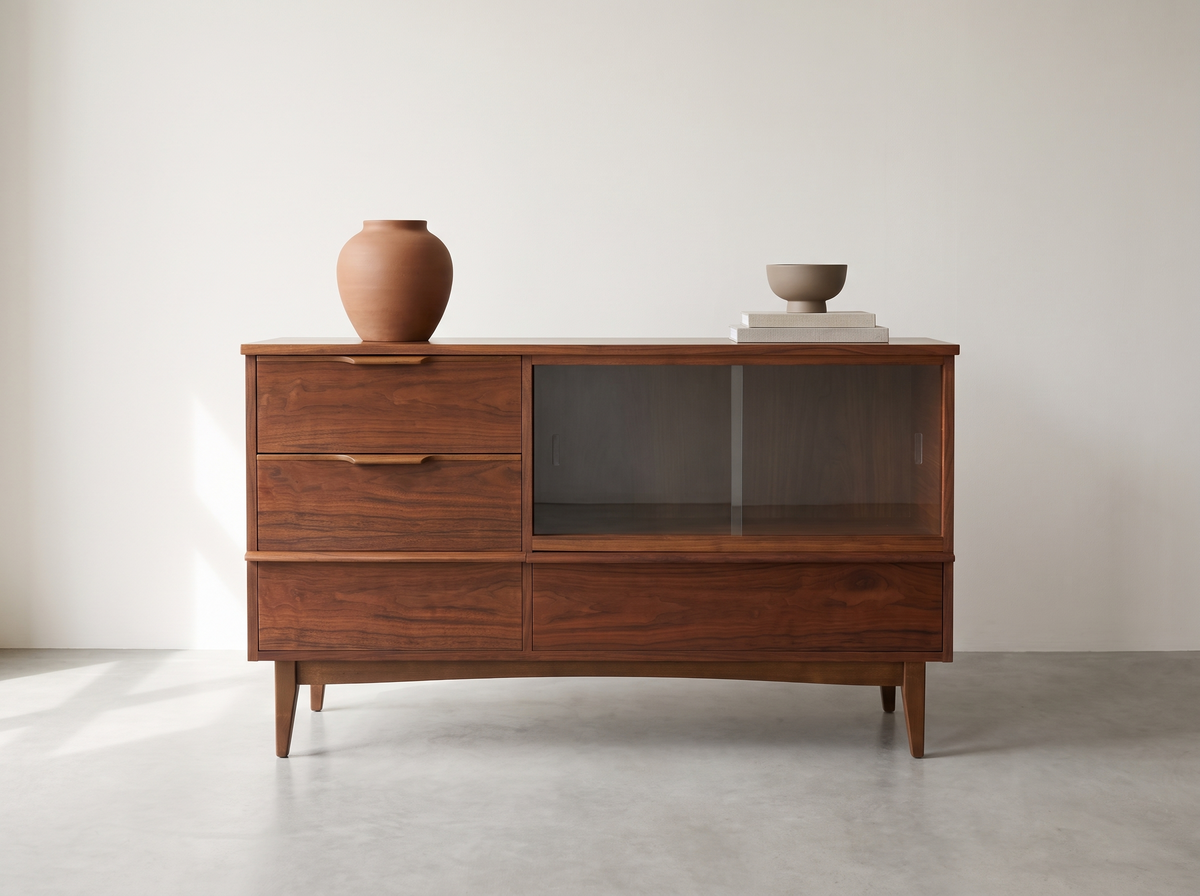 Walnut TV Console Sideboard with Sliding Glass Cabinet